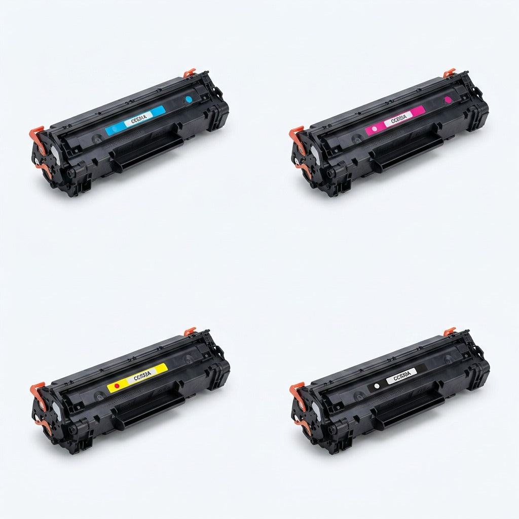 A 2x2 grid of cyan, magenta, yellow, and black remanufactured HP 53A toner cartridges.