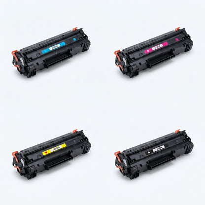 A 2x2 grid of cyan, magenta, yellow, and black remanufactured HP 53A toner cartridges.