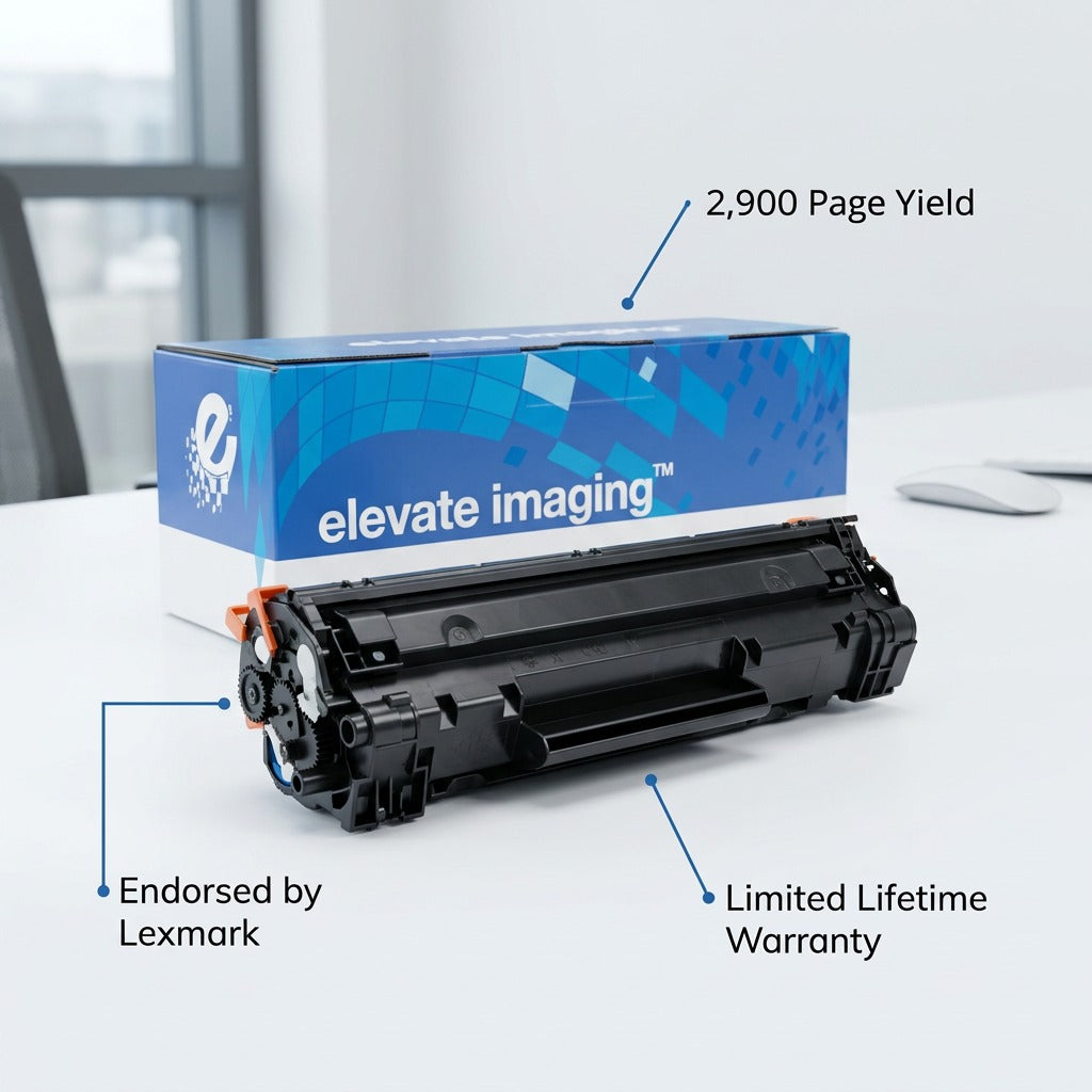 Elevate Imaging HP 53A Cyan Toner Cartridge with features: 2,900 Page Yield and Lifetime Warranty.
