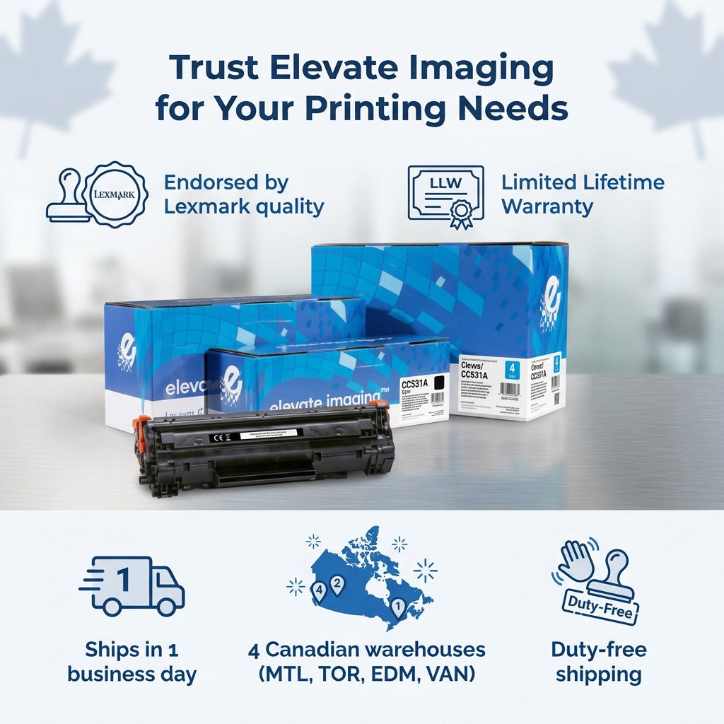 Infographic for Elevate Imaging HP 53A cyan toner showing 1-day shipping and lifetime warranty.
