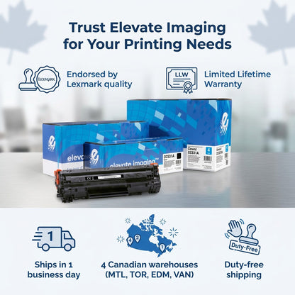 Infographic for Elevate Imaging HP 53A cyan toner showing 1-day shipping and lifetime warranty.