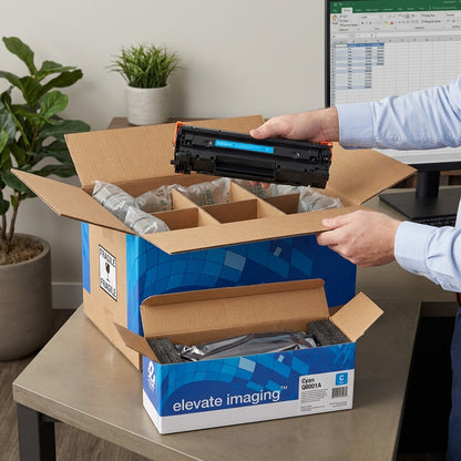 Elevate Imaging cyan toner cartridge being unboxed in a professional office setting.