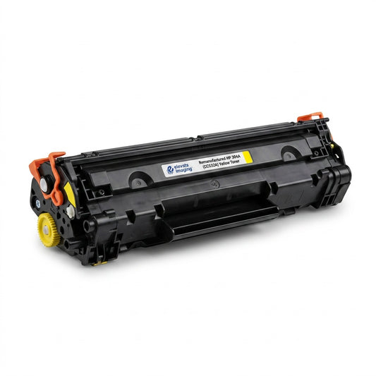 Elevate Imaging remanufactured HP 304A (CC532A) yellow toner cartridge with a yellow gear.