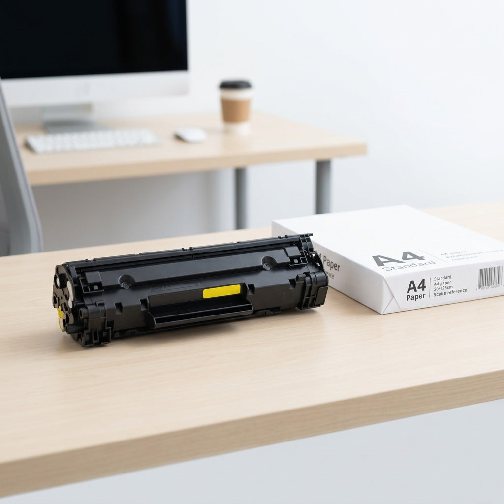 HP 304A (CC532A) yellow toner cartridge on a desk next to a ream of A4 paper for scale reference.