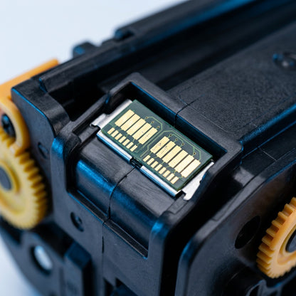 Macro detail of the metallic contact chip on an HP 304A CC532A remanufactured toner cartridge.