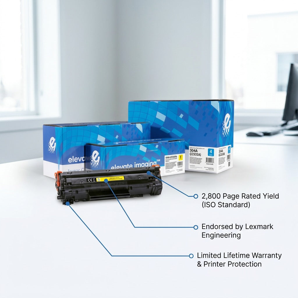 Elevate Imaging HP 304A Yellow toner with callouts for 2,800 page yield and lifetime warranty.