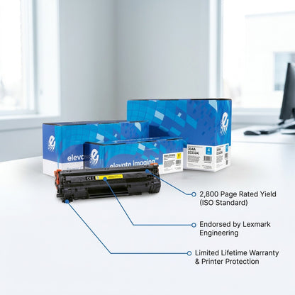 Elevate Imaging HP 304A Yellow toner with callouts for 2,800 page yield and lifetime warranty.