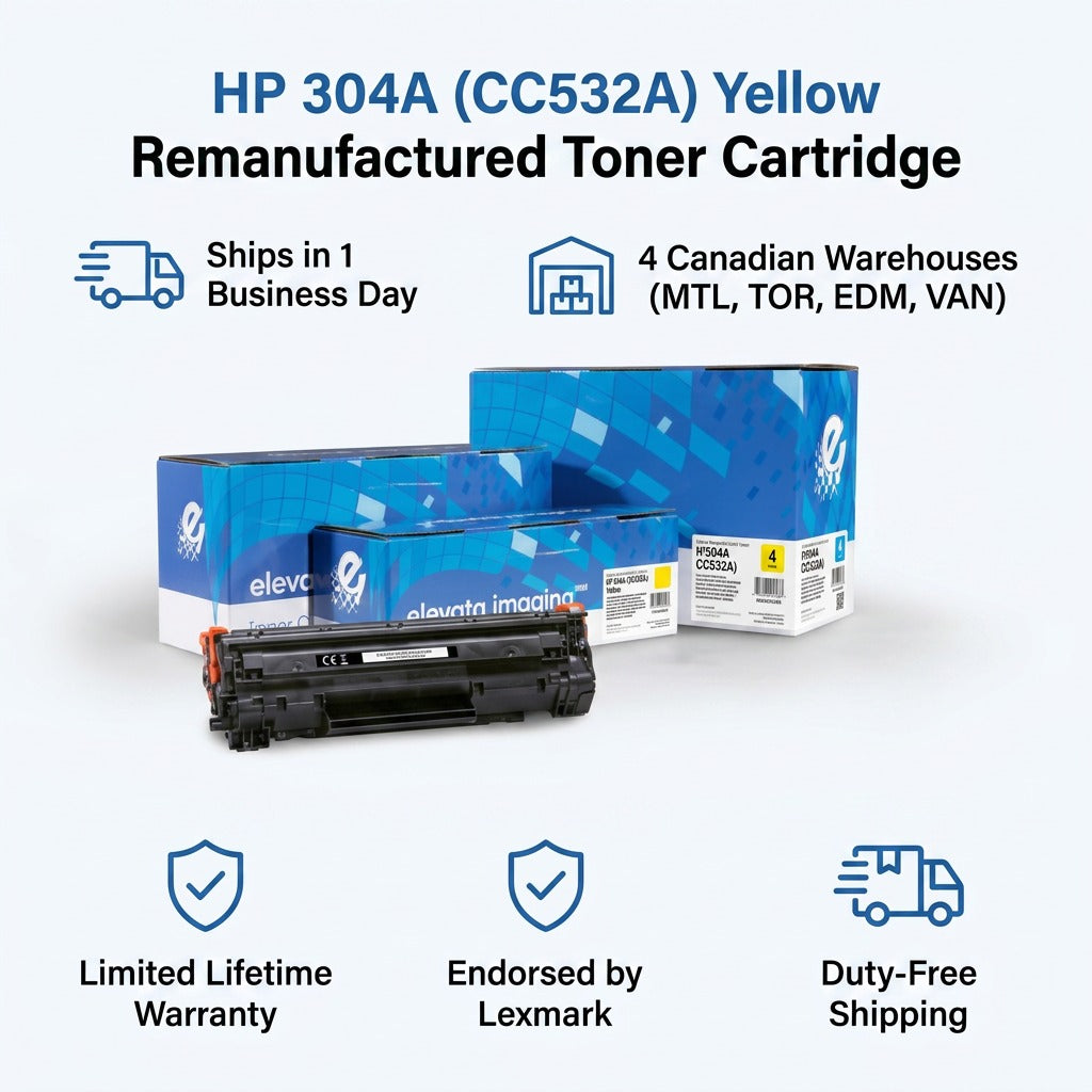HP 304A (CC532A) Yellow Toner infographic with Elevate Imaging boxes and fast Canadian shipping icons.