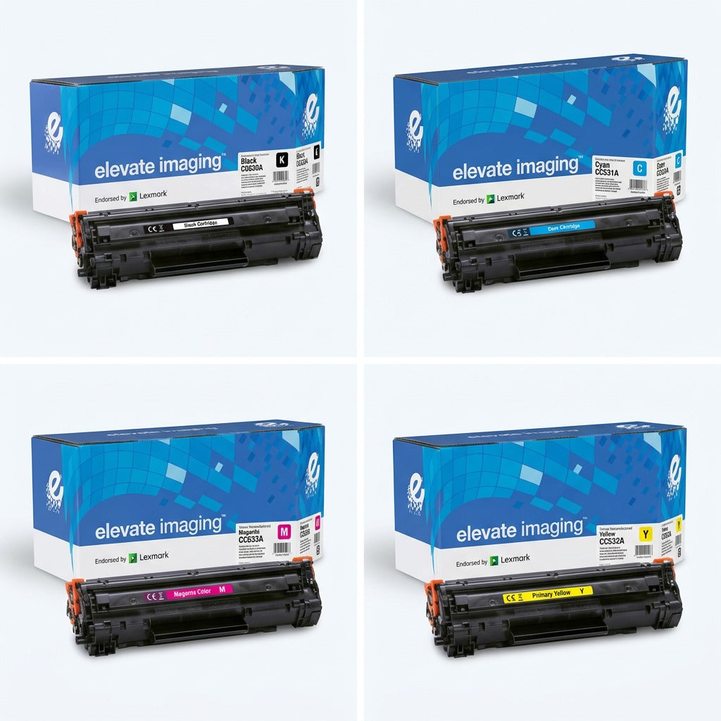 A four-part grid displaying Elevate Imaging toner cartridges in Black, Cyan, Magenta, and Yellow.