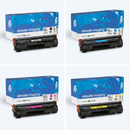 A four-part grid displaying Elevate Imaging toner cartridges in Black, Cyan, Magenta, and Yellow.
