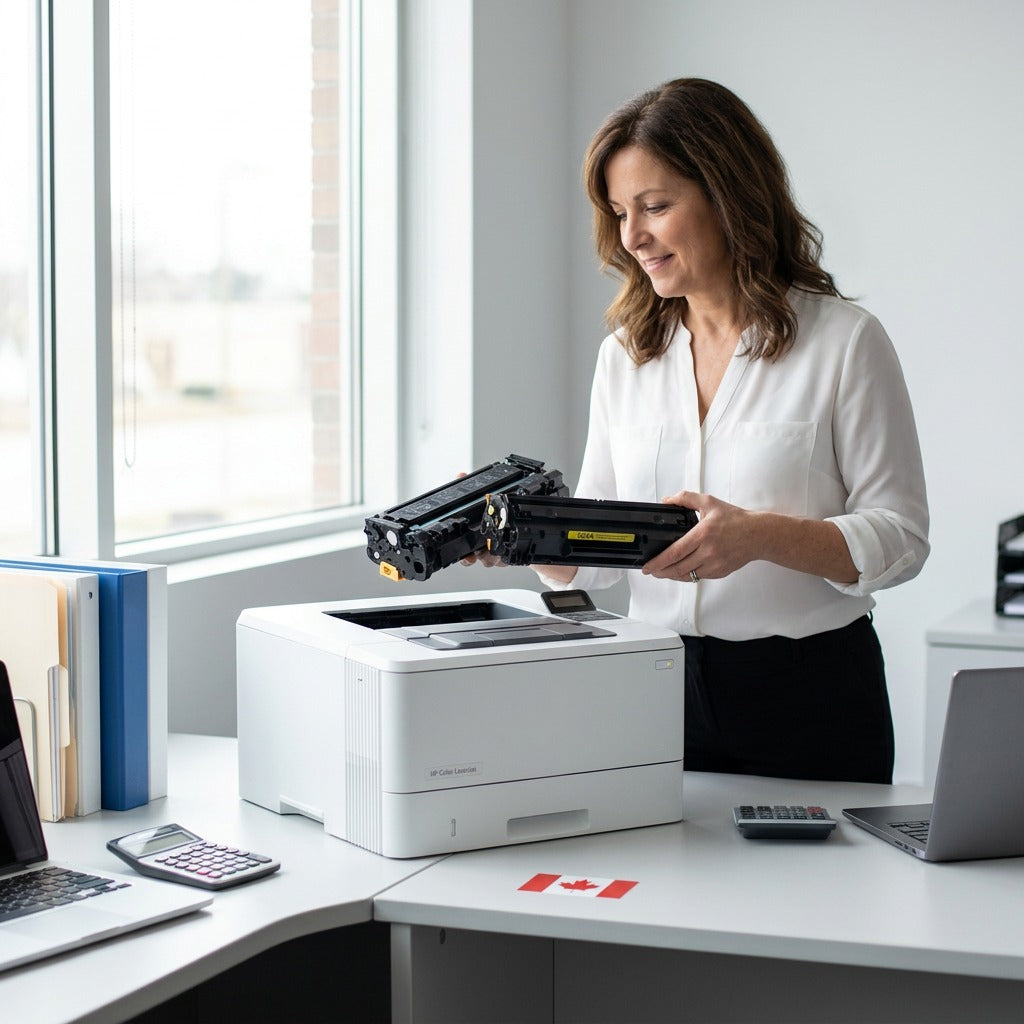 A professional holding two HP 304A CC532A yellow toner cartridges by a printer in a bright office.