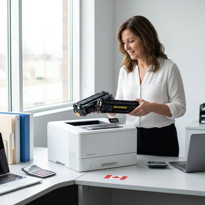 A professional holding two HP 304A CC532A yellow toner cartridges by a printer in a bright office.