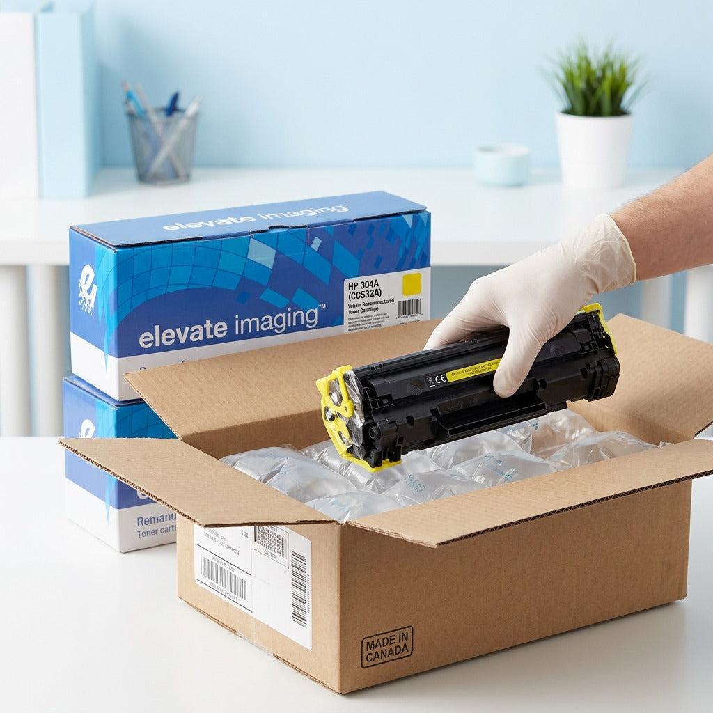 Unboxing a yellow HP 304A (CC532A) remanufactured toner cartridge from an Elevate Imaging box.