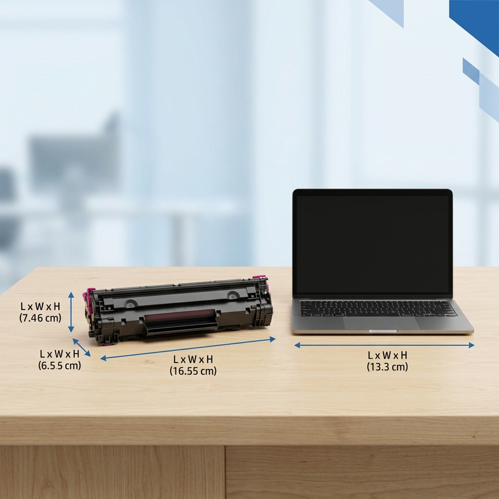 HP 304A CC533A magenta toner cartridge shown on a desk next to a laptop for scale comparisons.