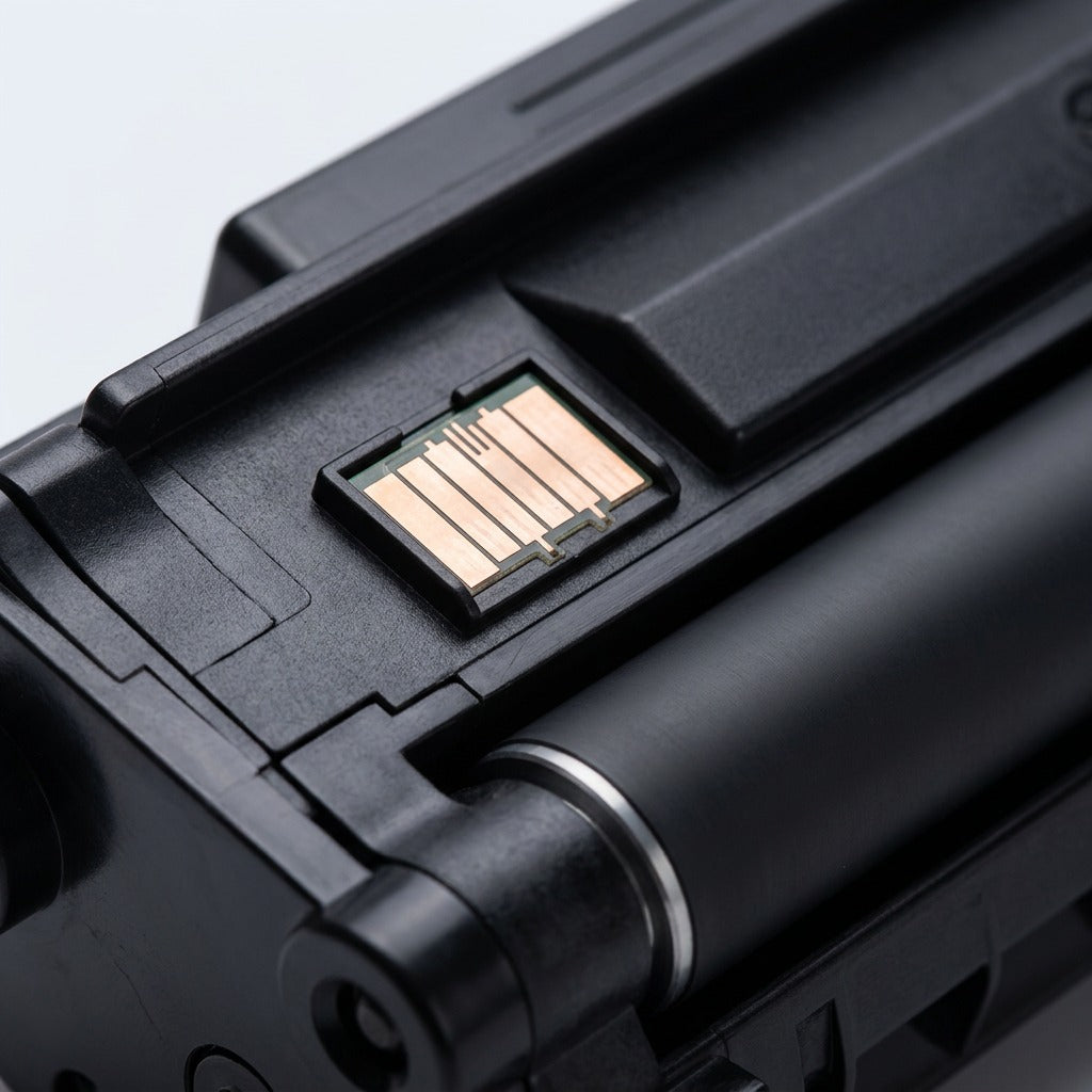 Macro detail of the copper contact chip and matte housing of an Elevate Imaging HP 304A cartridge.