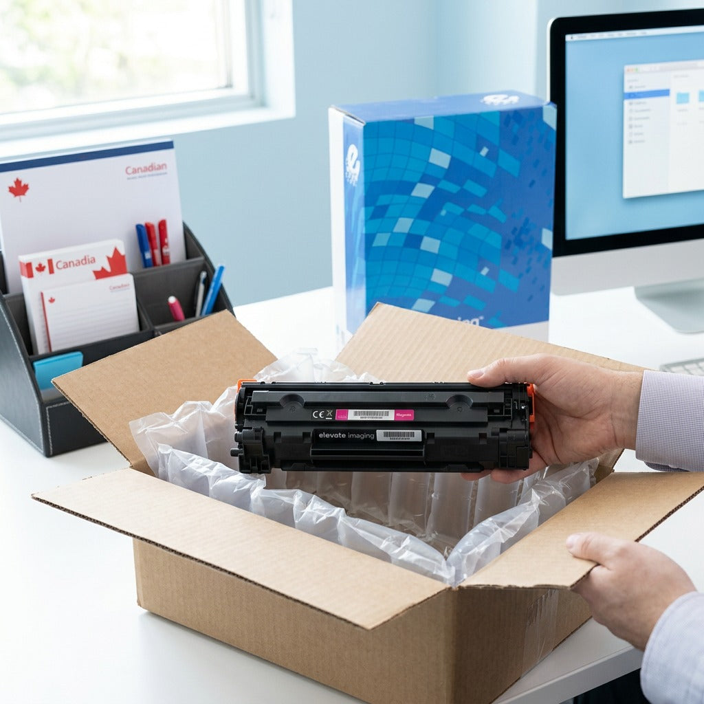 Unboxing the Elevate Imaging HP 304A Magenta Toner Cartridge from a secure, air-cushioned box.