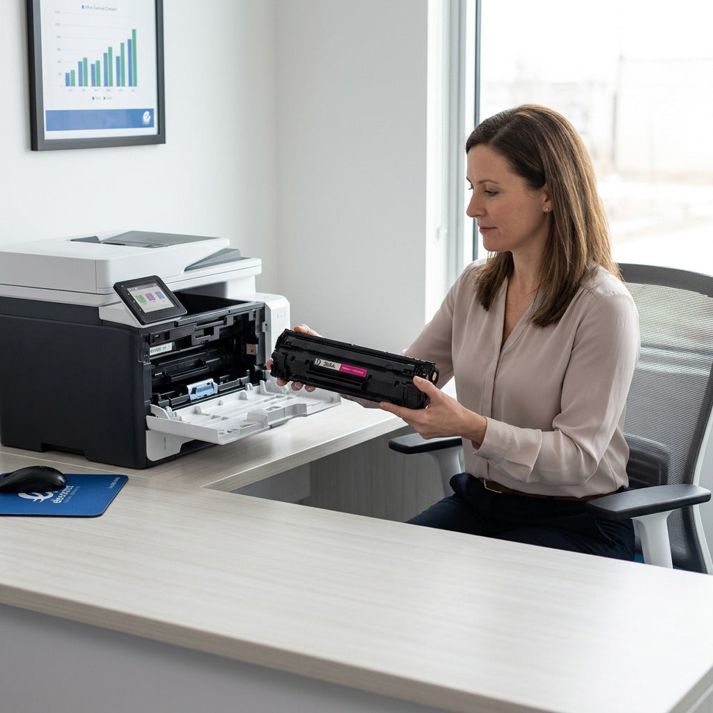 Office manager holding a remanufactured HP 304A magenta toner cartridge near a LaserJet printer.