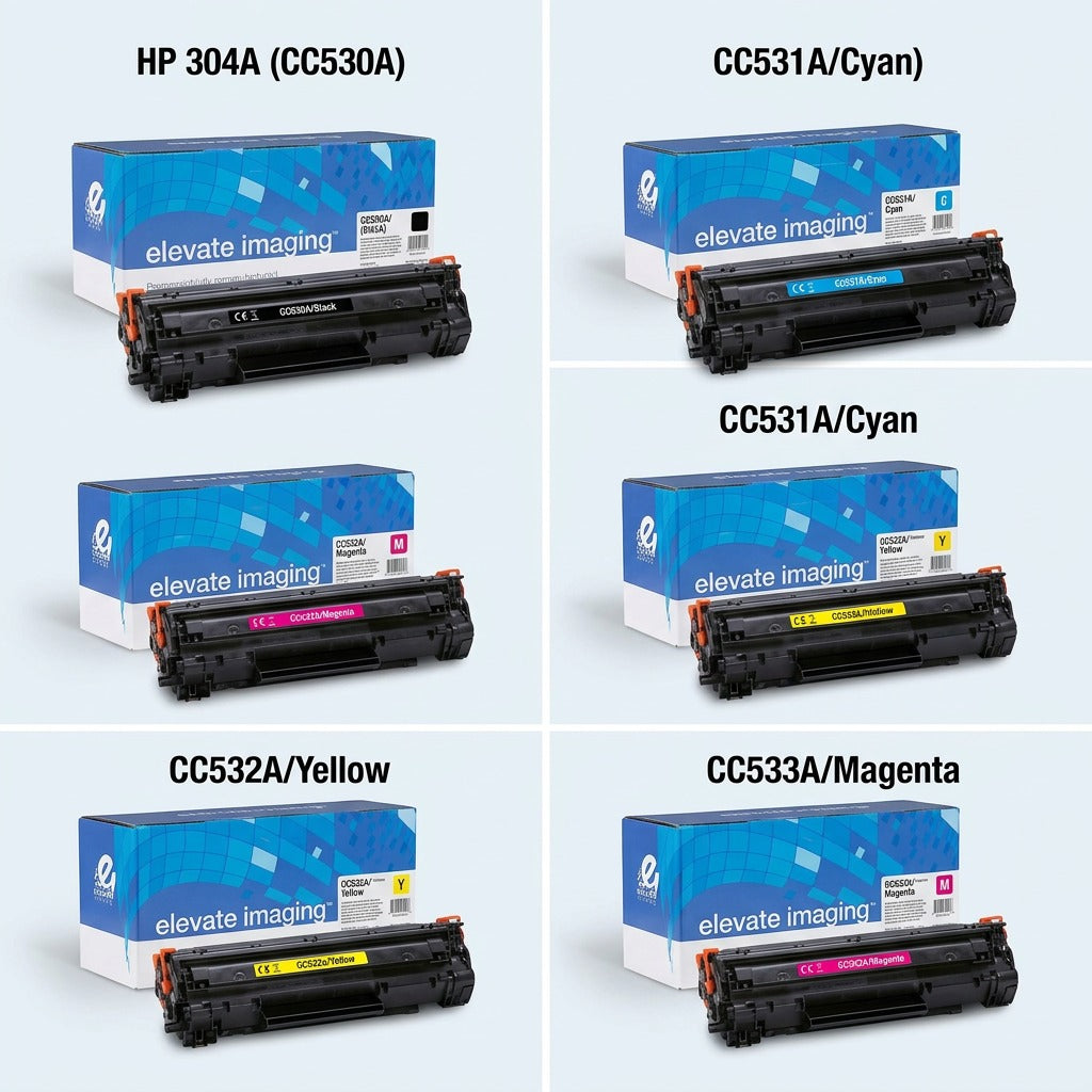 A grid of Elevate Imaging Remanufactured HP 304A (CC530A) toner cartridges in cyan, magenta, and yellow.