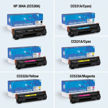 A grid of Elevate Imaging Remanufactured HP 304A (CC530A) toner cartridges in cyan, magenta, and yellow.
