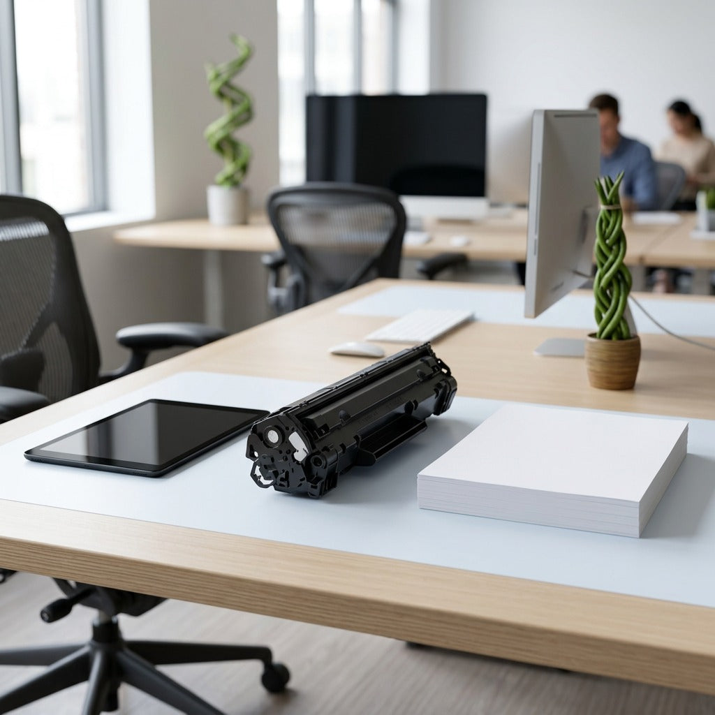 Black HP CE250A toner cartridge on a desk next to a tablet and paper stack for size reference.