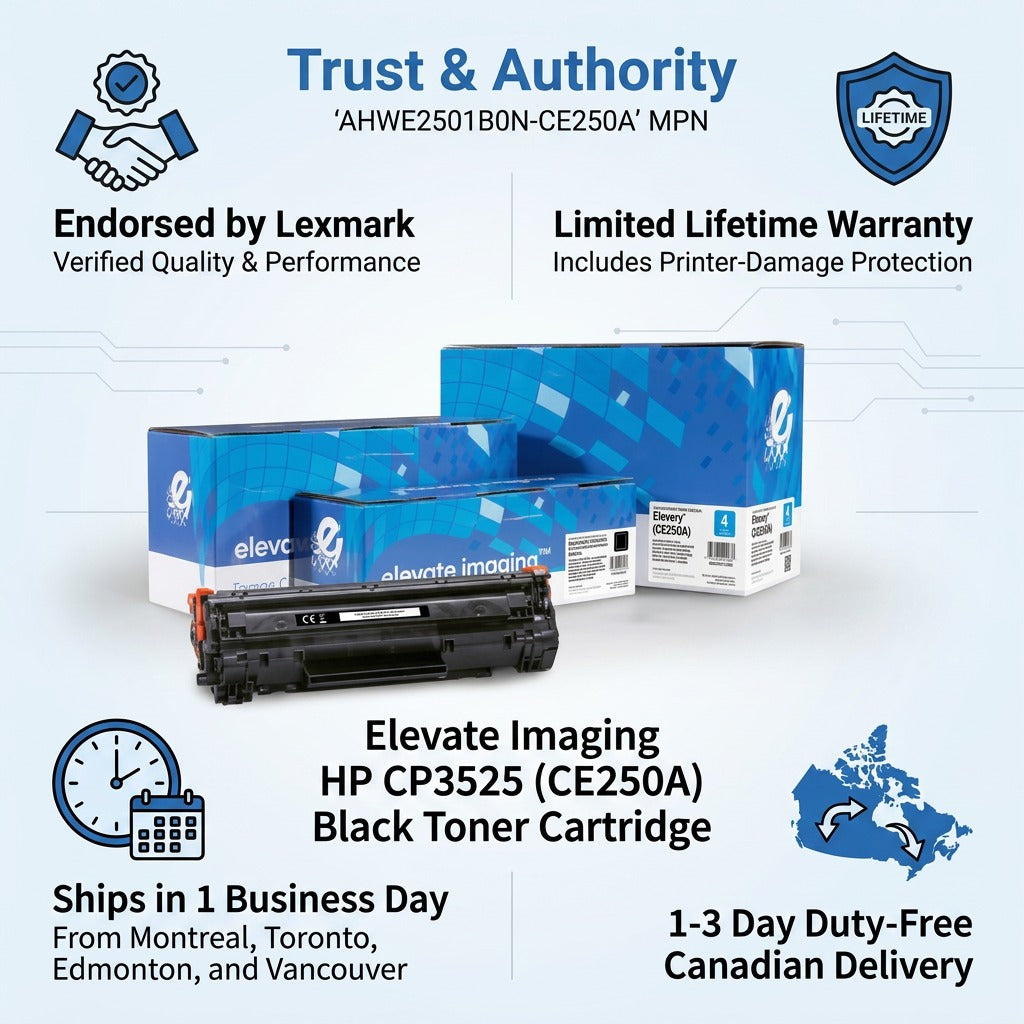 Trust infographic for Elevate Imaging HP CE250A toner showing retail boxes and shipping details.