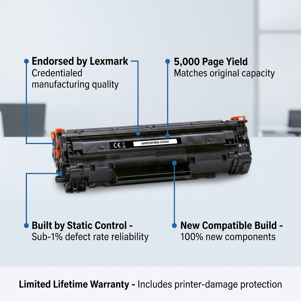 Compatible HP CE250A black toner cartridge with callouts for Lexmark endorsement and 5,000 page yield.