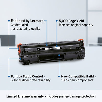 Compatible HP CE250A black toner cartridge with callouts for Lexmark endorsement and 5,000 page yield.