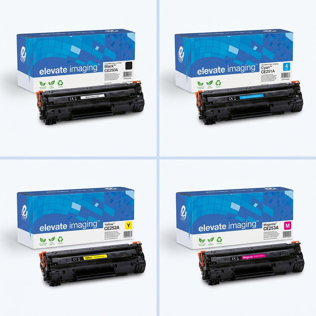 Elevate Imaging HP 504A toner set: Black (CE250A), Cyan, Yellow, and Magenta cartridges with boxes.