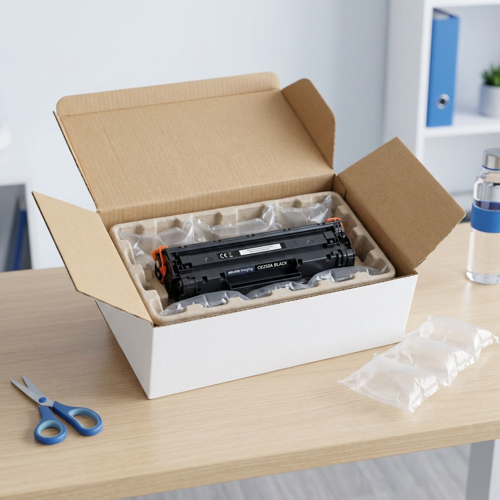 Elevate Imaging CE250A black toner cartridge unboxed in secure protective packaging on an office desk.