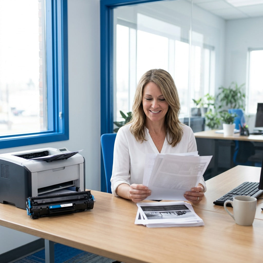 Office manager reviewing prints next to an HP CE250A toner cartridge and laser printer.