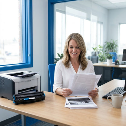 Office manager reviewing prints next to an HP CE250A toner cartridge and laser printer.