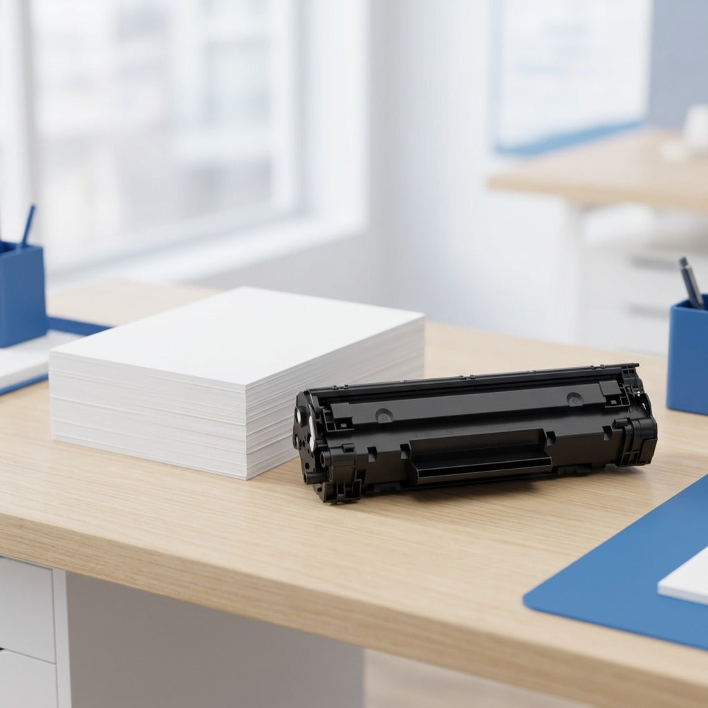 Elevate Imaging Black Toner Cartridge for HP 504A beside a stack of paper for scale on a desk.
