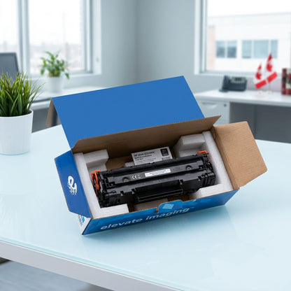 Elevate Imaging HP 504A (CE250A) black toner cartridge unboxing in secure protective foam inserts.
