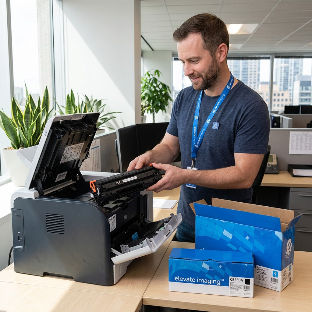 Professional installing an Elevate Imaging CE250A black toner cartridge into an HP LaserJet printer.