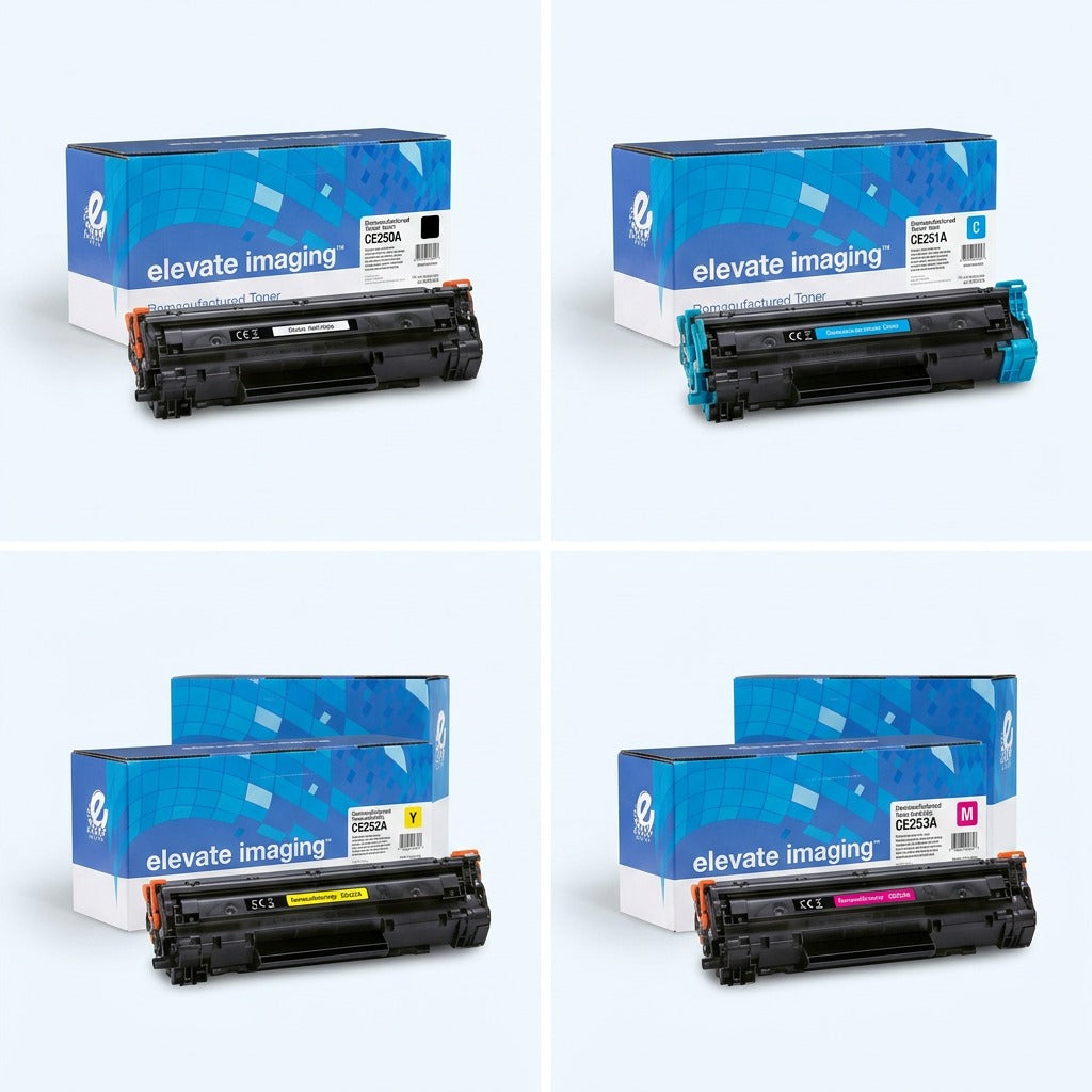 A 2x2 grid of Elevate Imaging HP 504A remanufactured toner cartridges in black, cyan, yellow, and magenta.