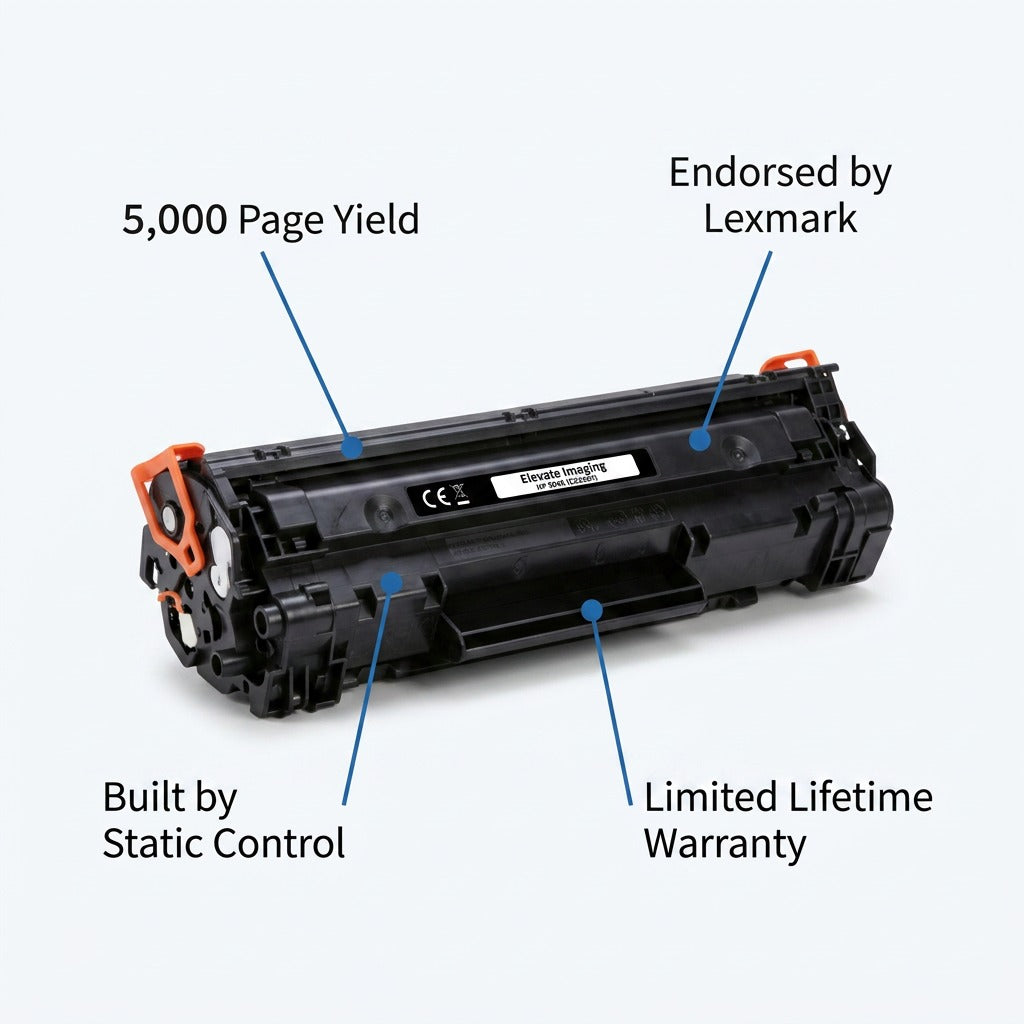 Elevate Imaging HP 504A black cartridge with callouts for 5,000 page yield and lifetime warranty.