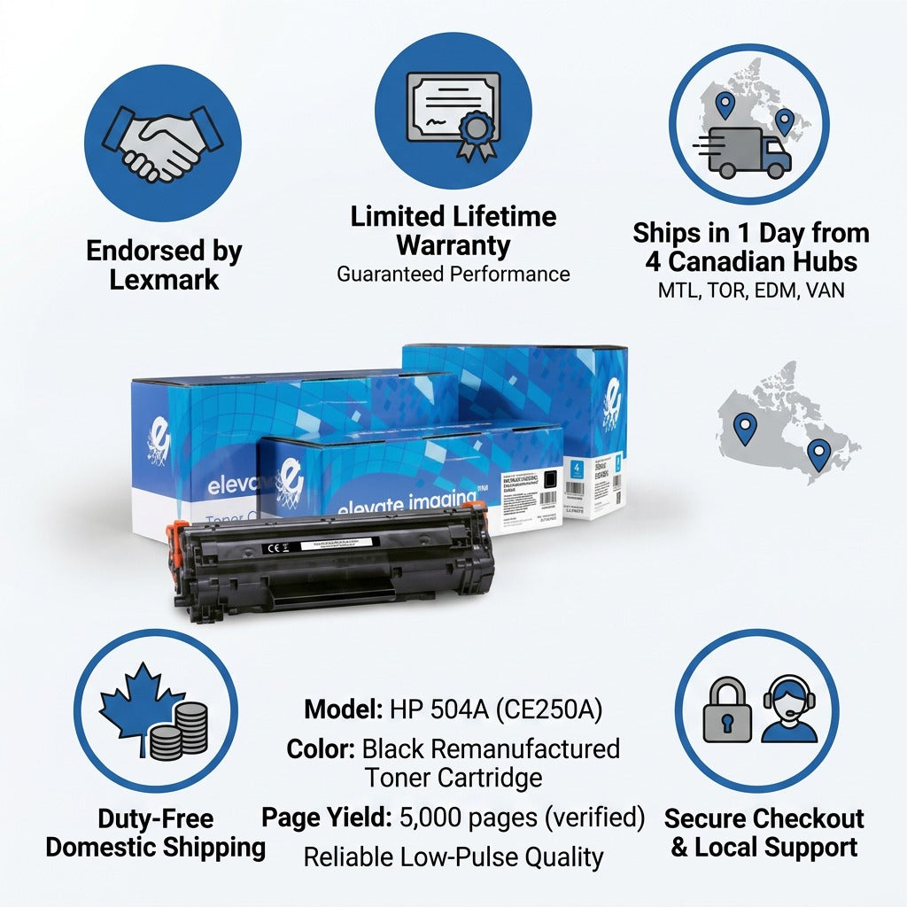 Trust infographic for HP 504A CE250A black toner: Lexmark endorsed, lifetime warranty, fast Canada shipping.