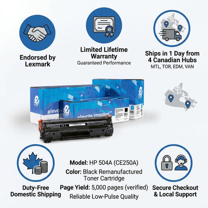 Trust infographic for HP 504A CE250A black toner: Lexmark endorsed, lifetime warranty, fast Canada shipping.
