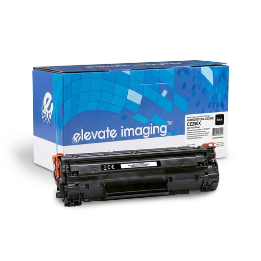 High yield black toner cartridge for HP CE250X with Elevate Imaging brand box on white background.