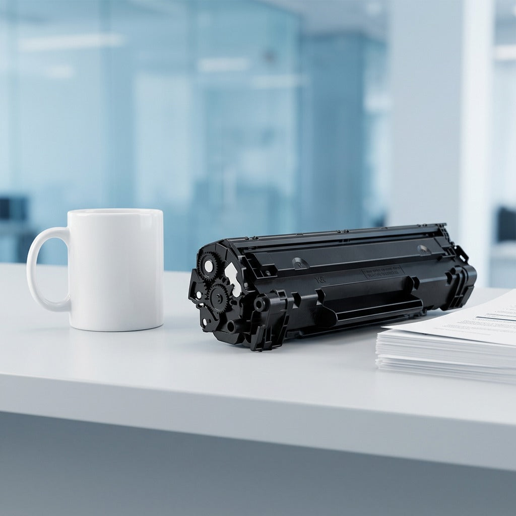 Black HP CE250X 504X toner cartridge on a desk next to a white coffee mug for scale reference.