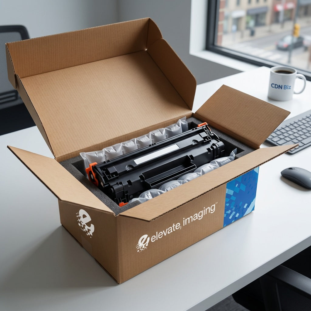 Elevate Imaging CE250X 504X black toner cartridge unboxed on office desk with secure air cushions.