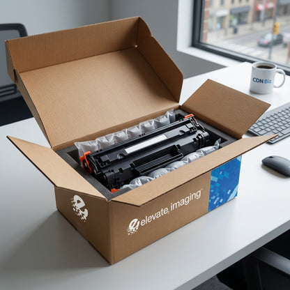 Elevate Imaging CE250X 504X black toner cartridge unboxed on office desk with secure air cushions.