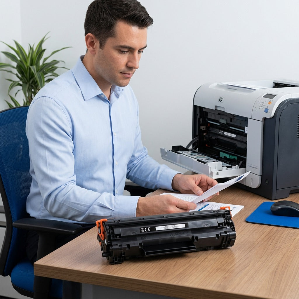 A professional desk with an HP CE250X black toner cartridge near an HP Color LaserJet printer.