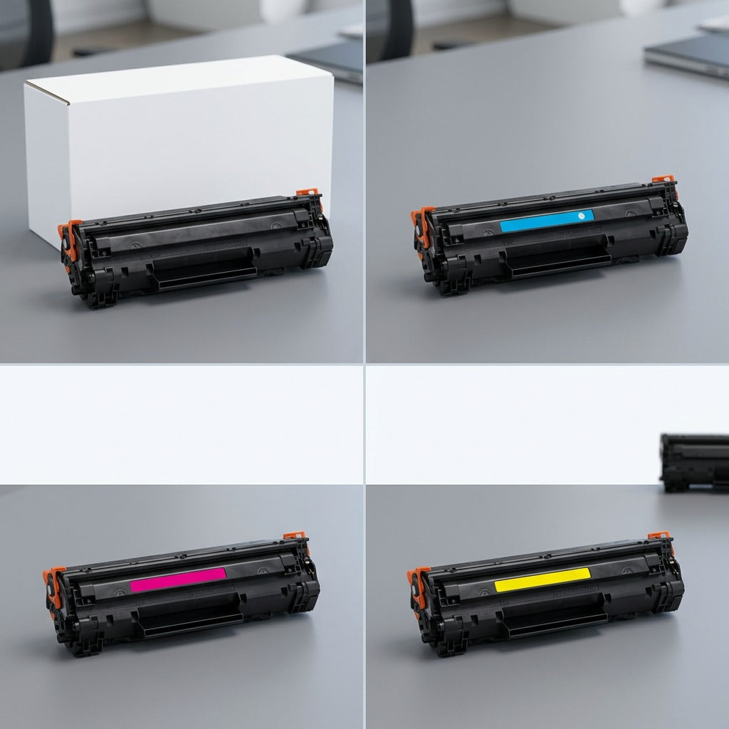 A grid of Elevate Imaging HP CE250X 504X compatible toner cartridges in black, cyan, magenta, and yellow.