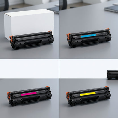 A grid of Elevate Imaging HP CE250X 504X compatible toner cartridges in black, cyan, magenta, and yellow.