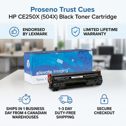 Trust infographic for Elevate Imaging HP CE250X black toner with shipping and warranty details.
