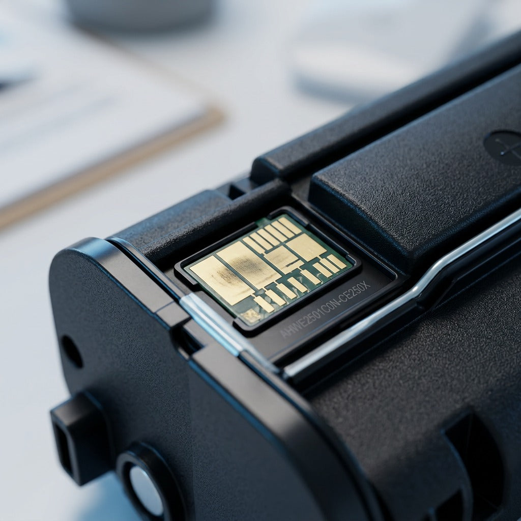 Macro detail of the gold-plated electronic contact chip on a black HP CE250X compatible toner.
