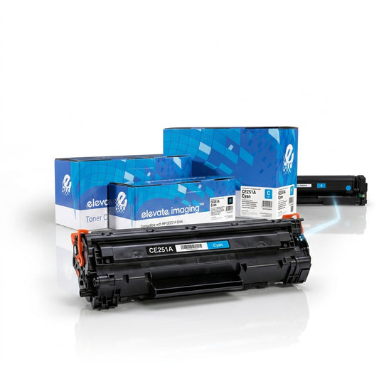 Elevate Imaging compatible cyan toner cartridge for HP CE251A with retail packaging mockup.