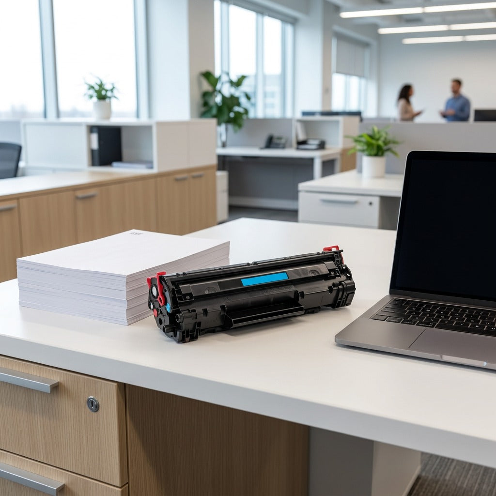Cyan HP 304A CE251A compatible toner cartridge on a desk next to paper and a laptop for scale.
