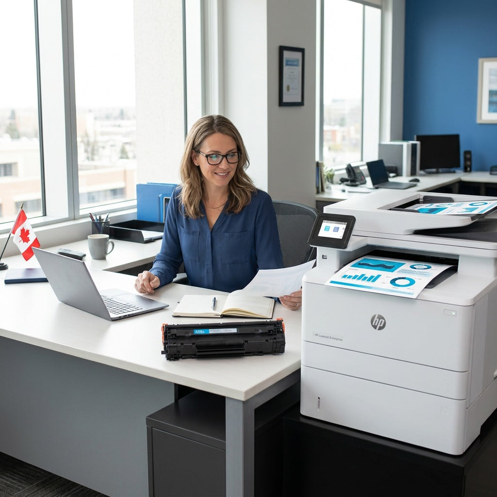 Professional office manager with an HP 304A Cyan compatible toner cartridge by a laser printer.